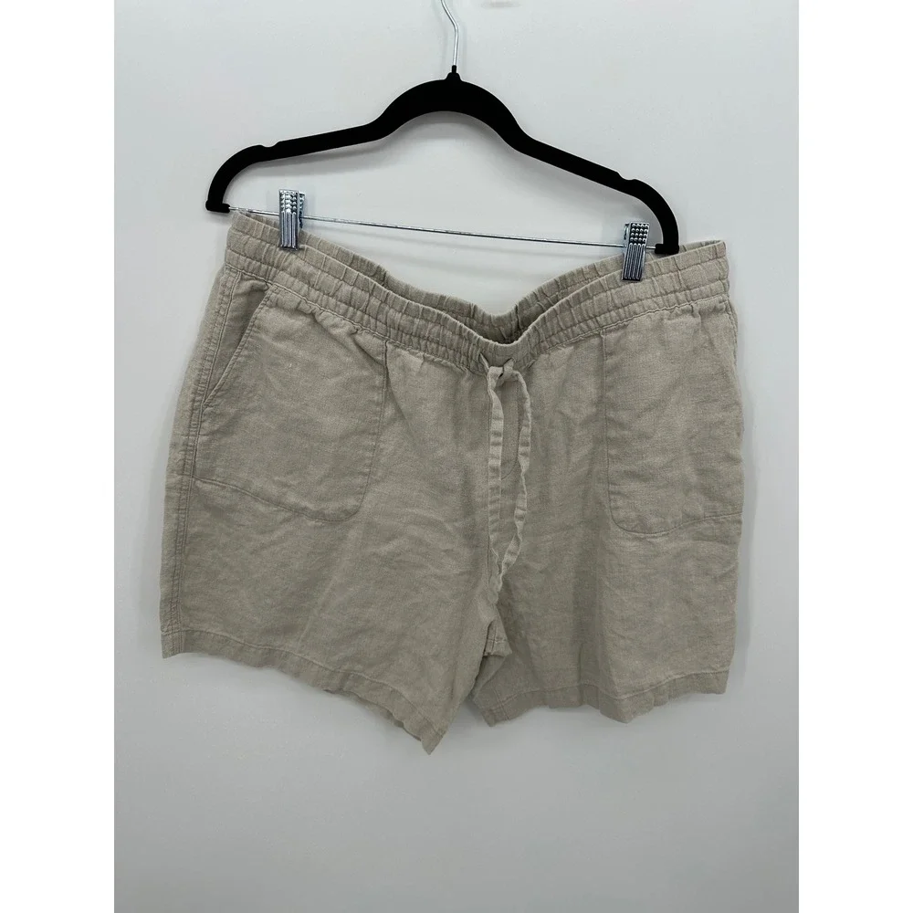 Garnet Hill Womens XL Oatmeal Beige 100% Linen Drawstring Elastic Waist Shorts